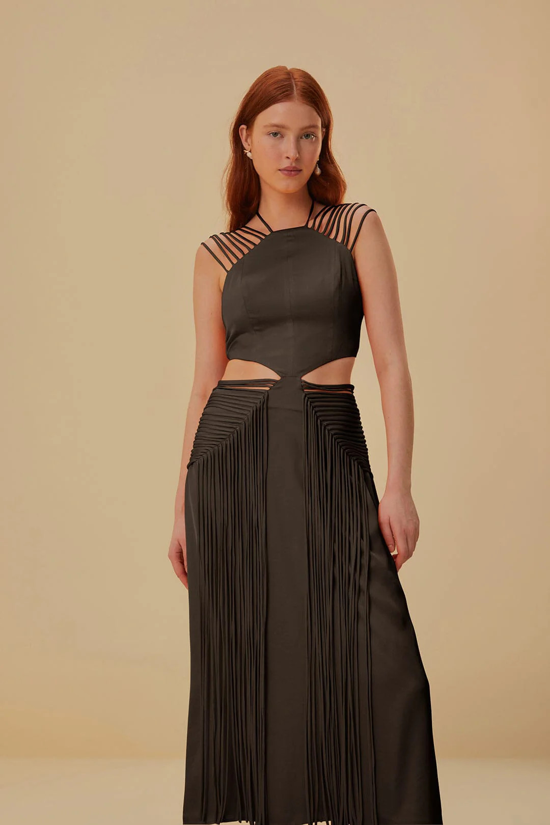 Brown Fringed Sleeveless Midi Dress | FarmRio (US)