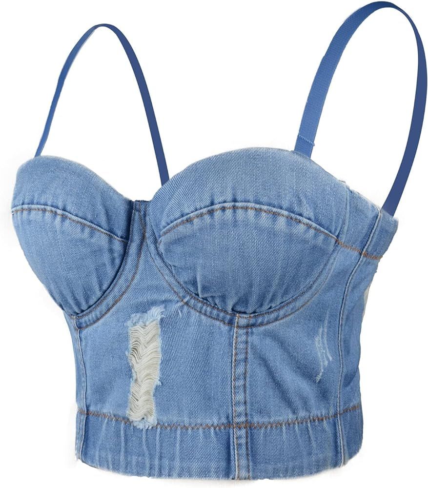 ELLACCI Women's Destructed Denim Bustier Crop Top Jeans Corset Top | Amazon (US)