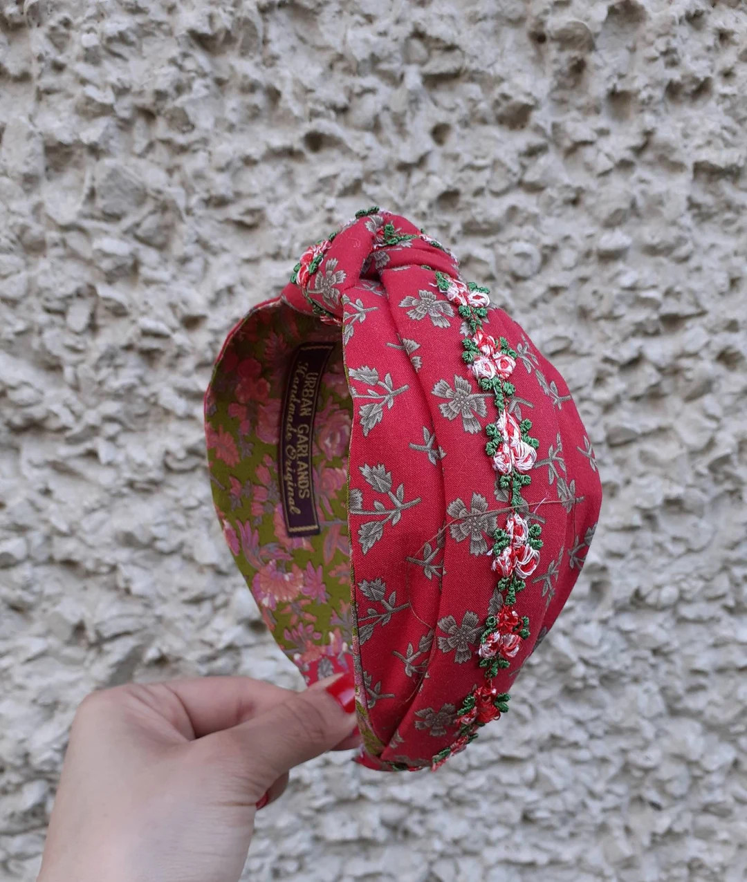 Urban Garlands Dainty Boho - Chic Retro Rose Red and Olive Green Floral Cotton Headband. | Etsy (US)