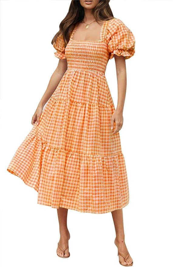 ZESICA Women's Bohemian Summer Plaid Square Neck Puff Sleeve Ruffle Flowy Beach Midi Dress,Orange... | Amazon (US)