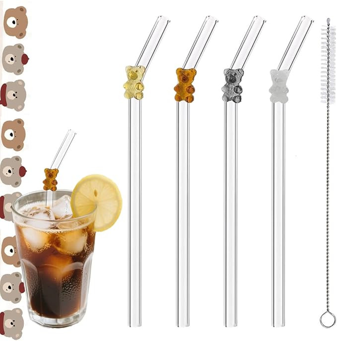 Glass Drinking Straws with Decorative Red Charms, 8 inch, Set of 4 with Cleaning Brush | Amazon (US)