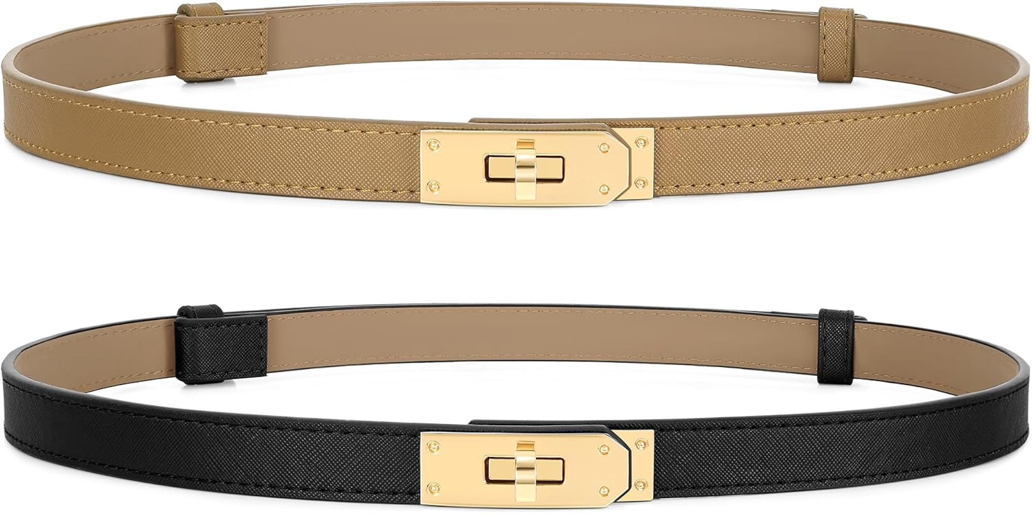 2 Pack Women Skinny Leather Belt for Dresses Jeans Solid Color Alloy Turn Lock | Amazon (US)