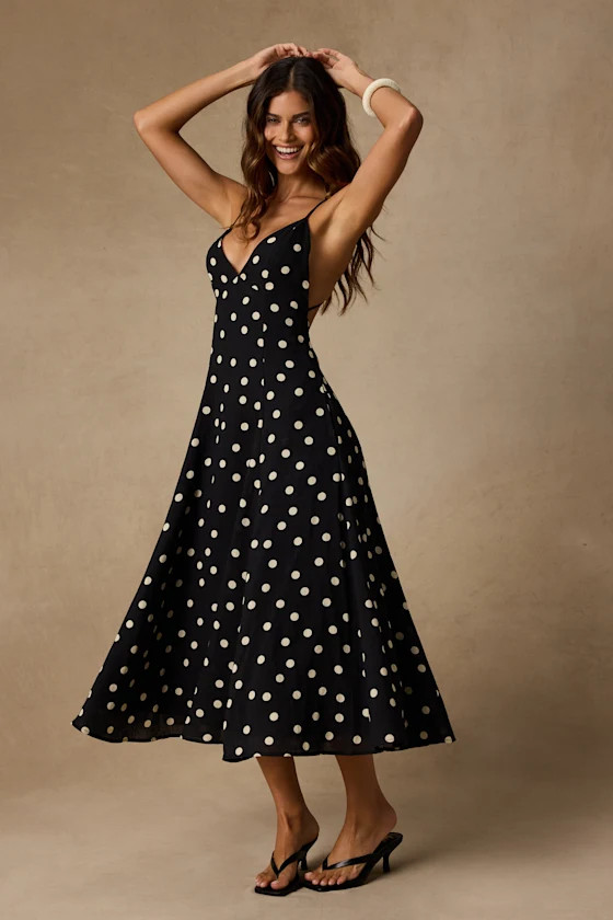 Oraya Black Polka Dot Tie-Back Midi Dress | Lulus