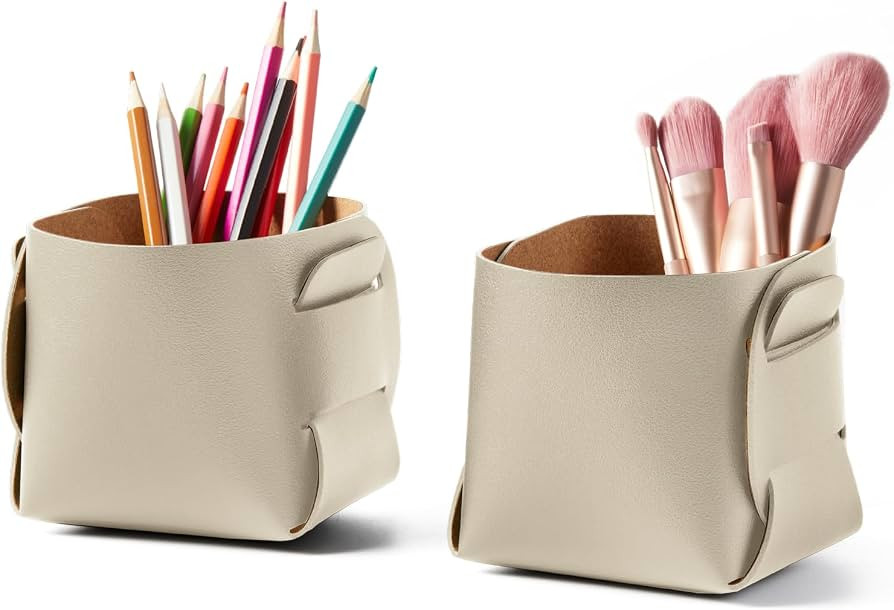 2-Pack Cork Leather Makeup Brush Holder Organizer - Desk Accessories Storage - Pencil Pen Holder ... | Amazon (US)