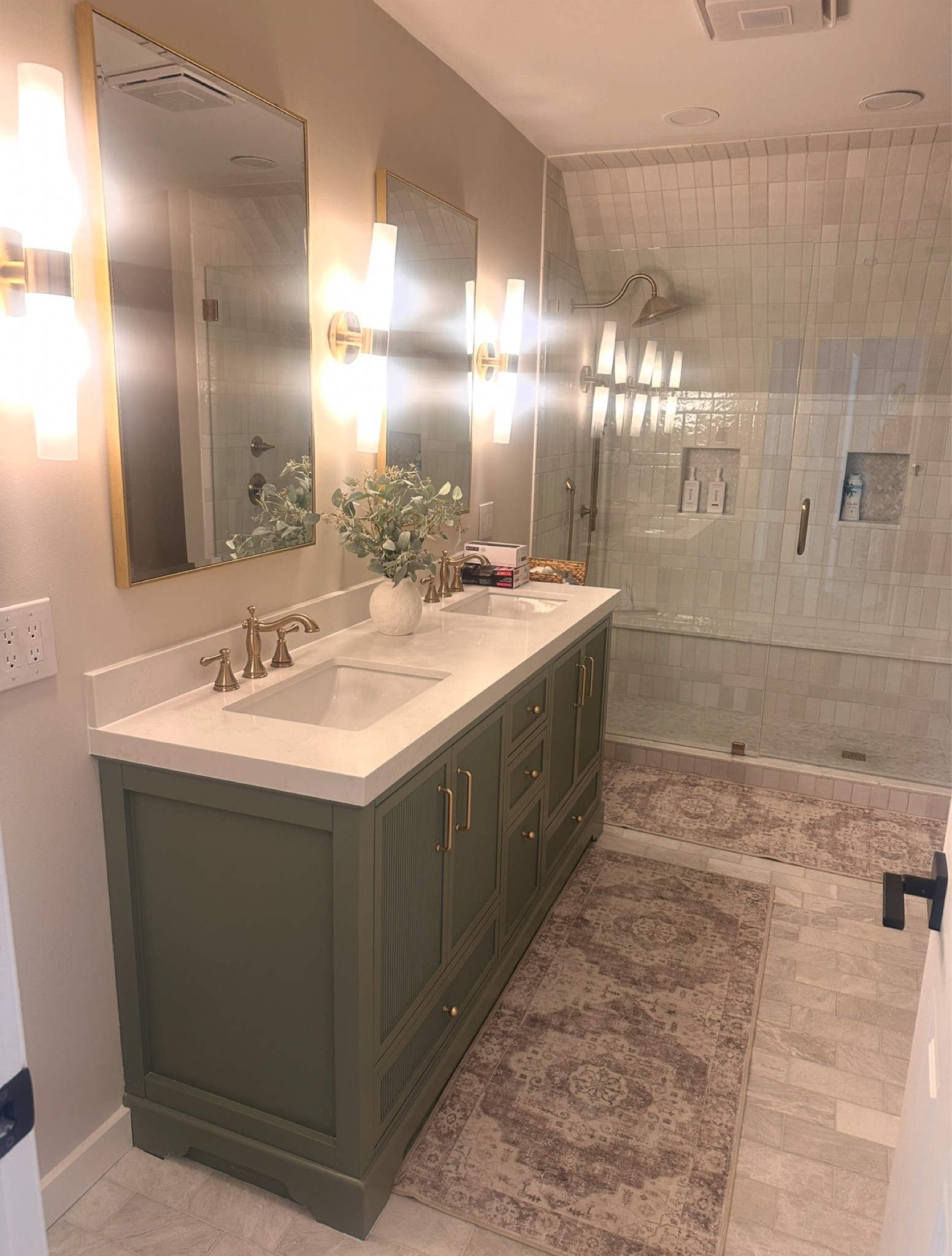 Bathroom remodel 
Sage green vanity 
Bathroom inspo 