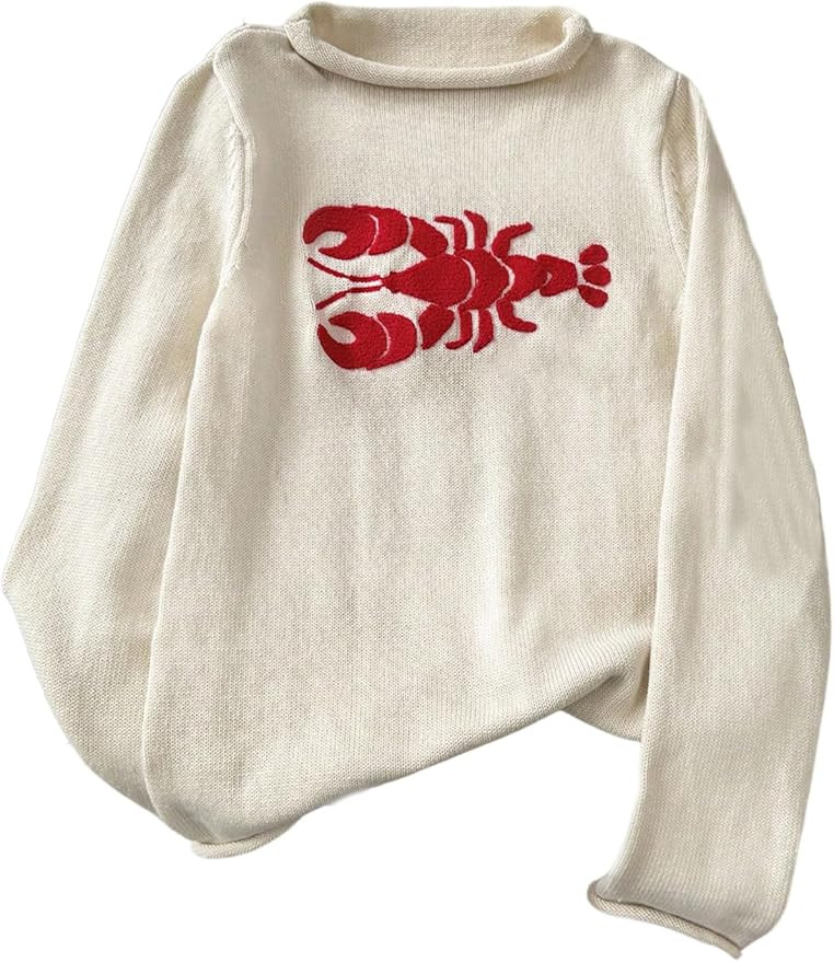 Verdusa Women's Cozy Lobster Sweater Fall Clothes Drop Shoulder Pullover Knit Tops | Amazon (US)