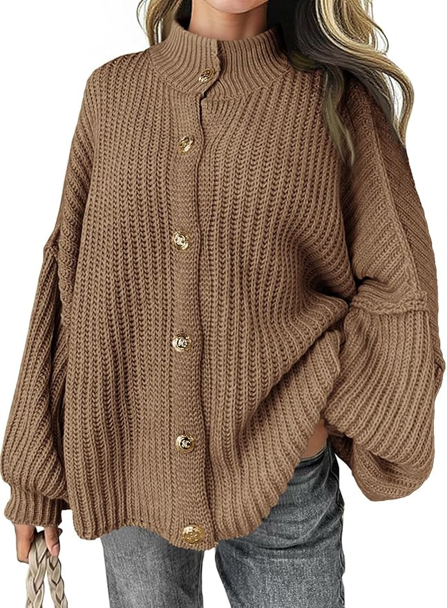 Saodimallsu Womens Oversized Cardigan Sweaters Chunky Knit Button Down Long Lantern Sleeve Fall T... | Amazon (US)
