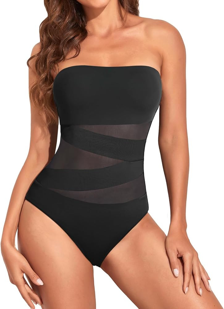 Holipick Women Strapless Bandeau One Piece Swimsuits Sexy Mesh Cutout Bathing Suits Tummy Control... | Amazon (US)