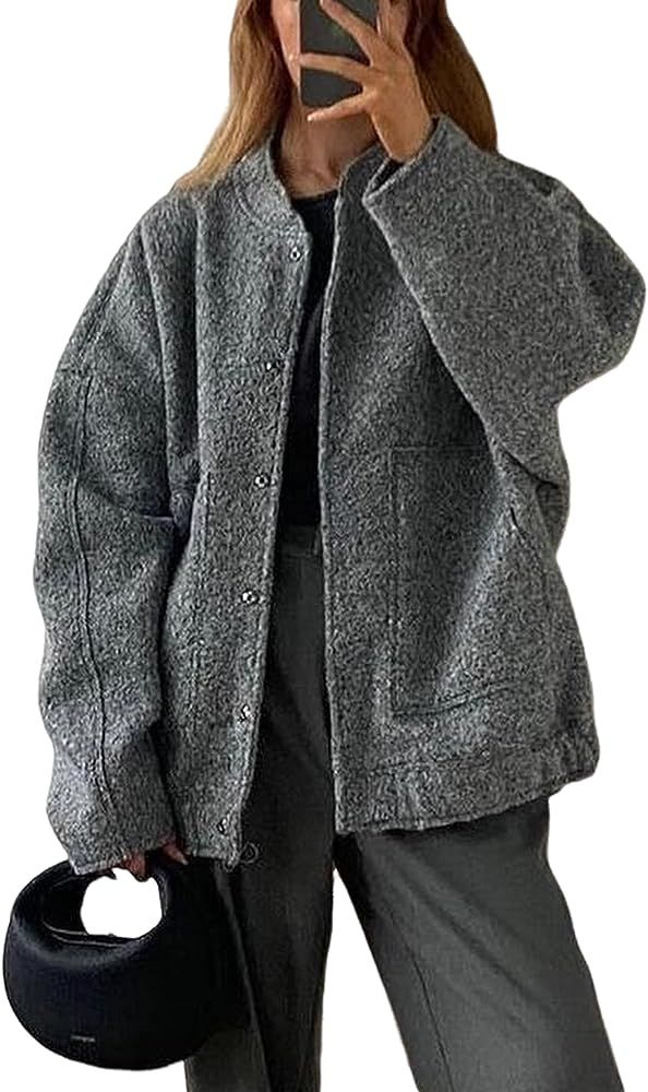 Women Bomber Jacket Casual Oversized Wool Blend Varsity Fall Jackets Shacket Outwear | Amazon (US)