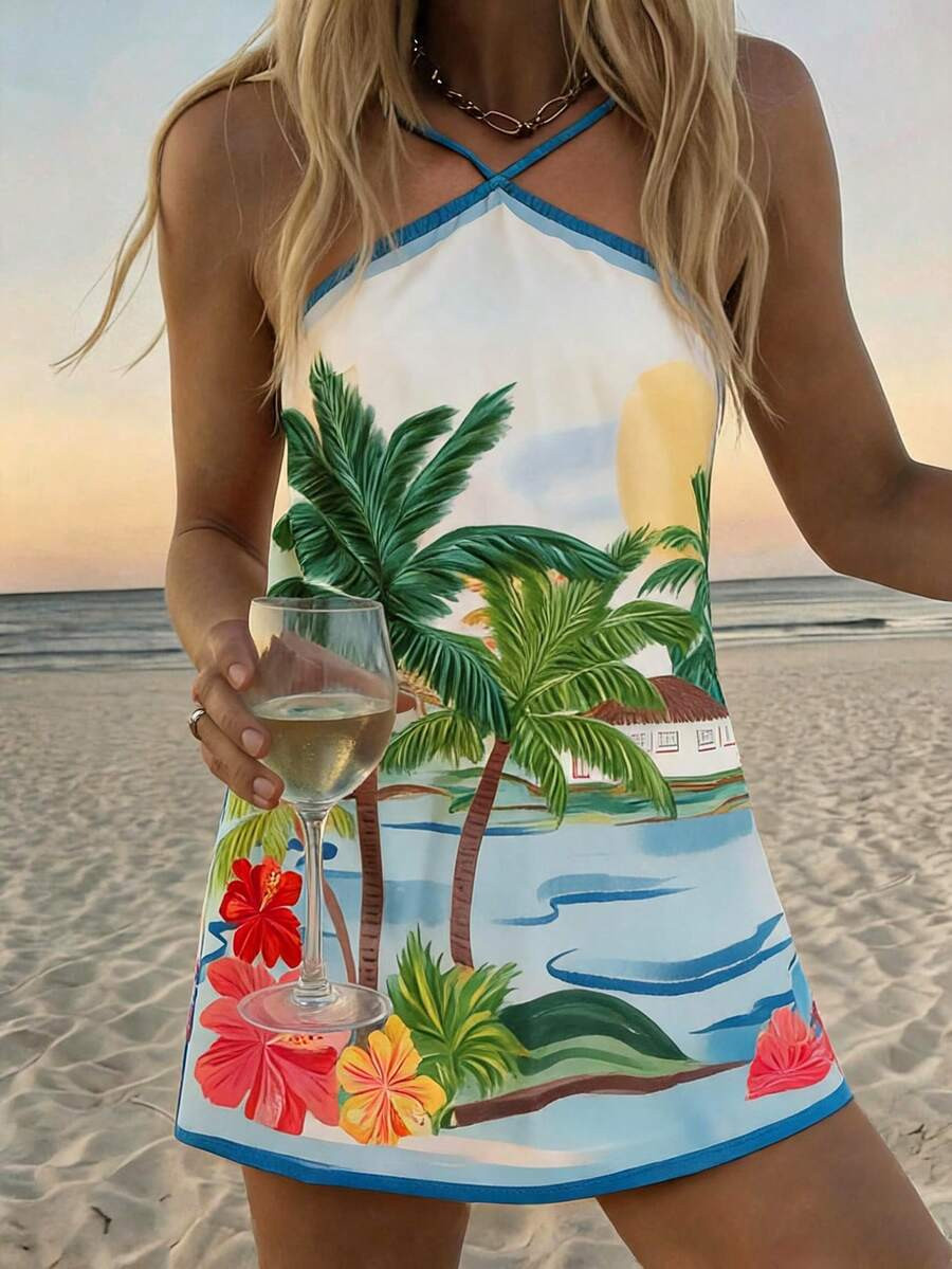 Travachic Off-White Tropical Palm Tree Print Halter Neck Dress For Women,Summer Vacation Outfits,... | SHEIN