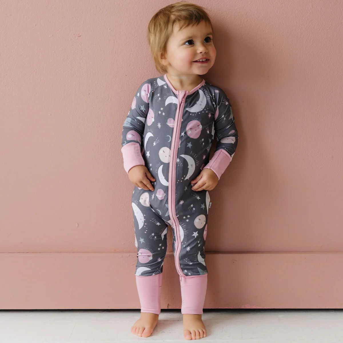 Pink To the Moon & Back Bamboo Viscose Zippy | Little Sleepies