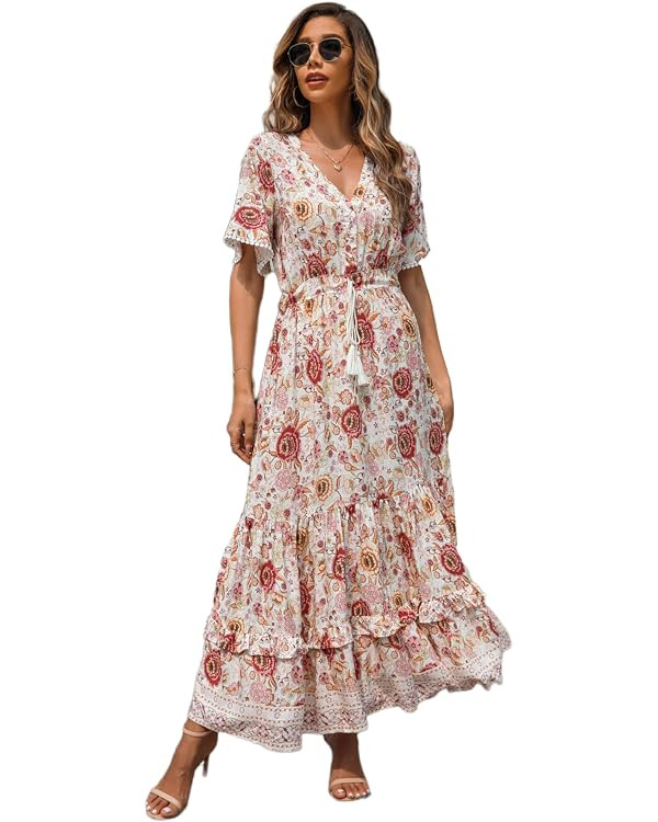 R.Vivimos Womens Summer Cotton Short Sleeve V Neck Floral Print Casual Bohemian Midi Dresses | Amazon (US)