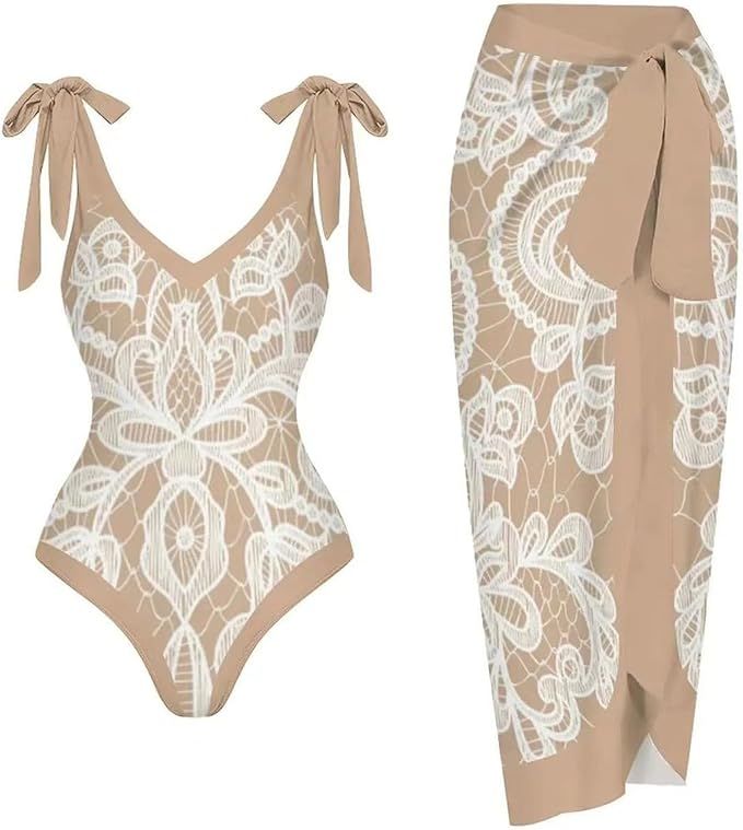 WKSCLPAI Women's Summer Swimsuit V Neck Floral Print Bikini Swimsuit with Cover Up Wrap 2 Piece B... | Amazon (US)
