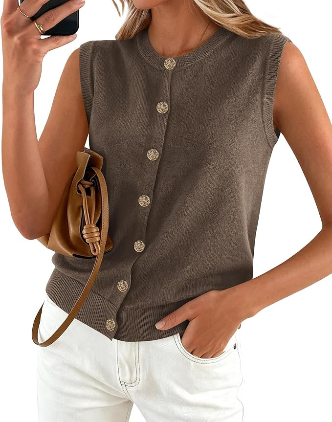 BTFBM Sweater Vest Women Casual Crewneck Loose Button Down Knit Sleeveless Cardigan 2026 Spring C... | Amazon (US)
