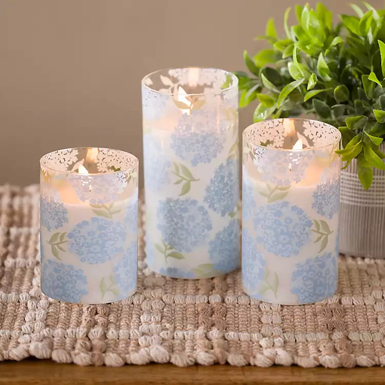 New! LED Blue Hydrangea Pillar Candles, Set of 3 | Kirklands