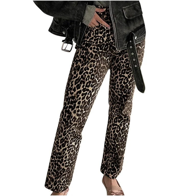 Lovskoo 2024 Wide Leg Pants Woman Leopard Printed High Waist Straight Leg Loose Pants Jeans Brown... | Walmart (US)