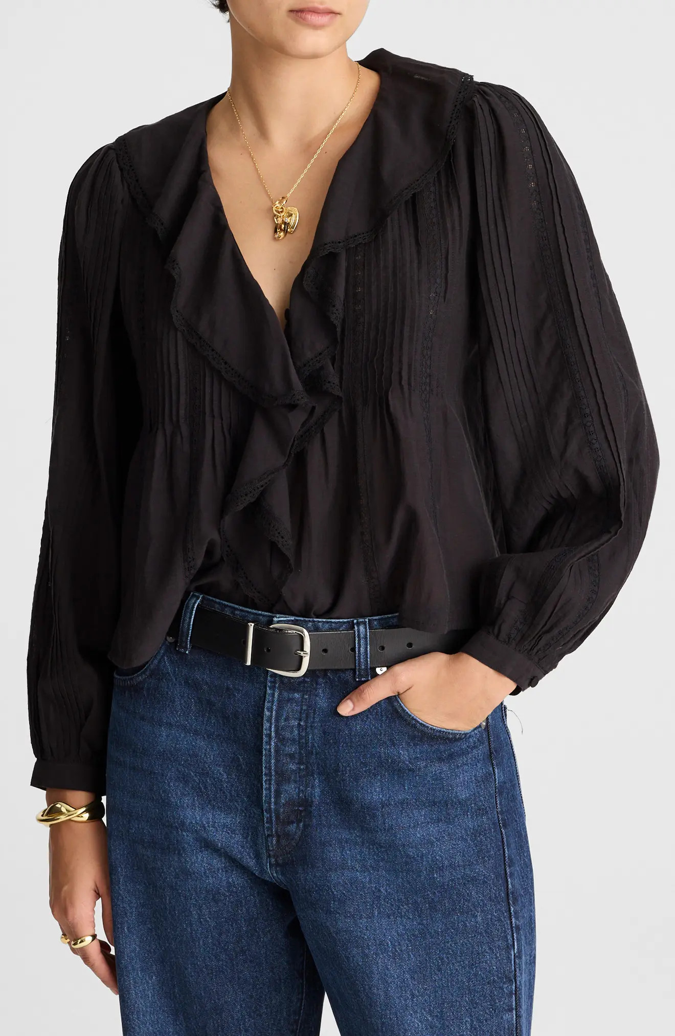 Lace Insert Ruffle Pintuck Long Sleeve Top (Women) | Nordstrom | Nordstrom