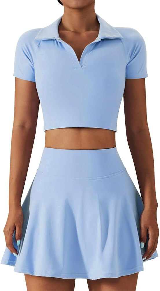 2 Piece Tennis Dress for Women High Waist Pleated Tennis Skirt with Shorts Short Sleeve Crop Golf... | Amazon (US)