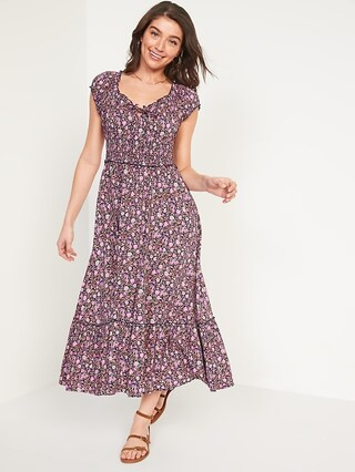 Short-Sleeve Waist-Defined Printed Midi Dress for Women | Old Navy (US)