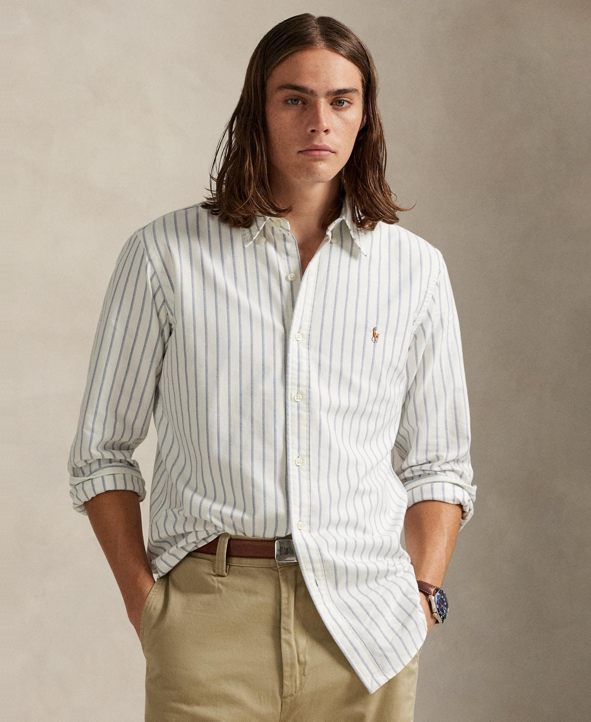 Polo Ralph Lauren Men's Long-Sleeve The Iconic Mesh Shirt - 6832E White/Blue Multi | Macy's