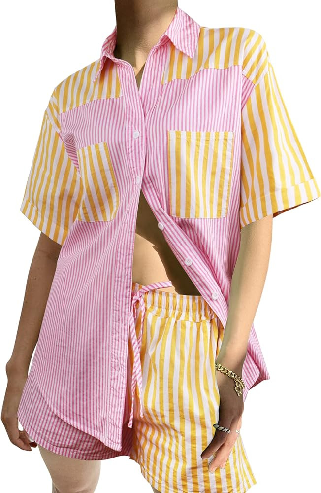 SAFRISIOR Women’s 2 Piece Casual Tracksuit Outfit Sets Stripe Long Sleeve Shirt And Loose High ... | Amazon (US)