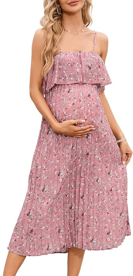 Maternity Dress Womens Spaghetti Strap Floral Maxi Dress Ruffled High Waisted Backless Pleated Dr... | Amazon (US)