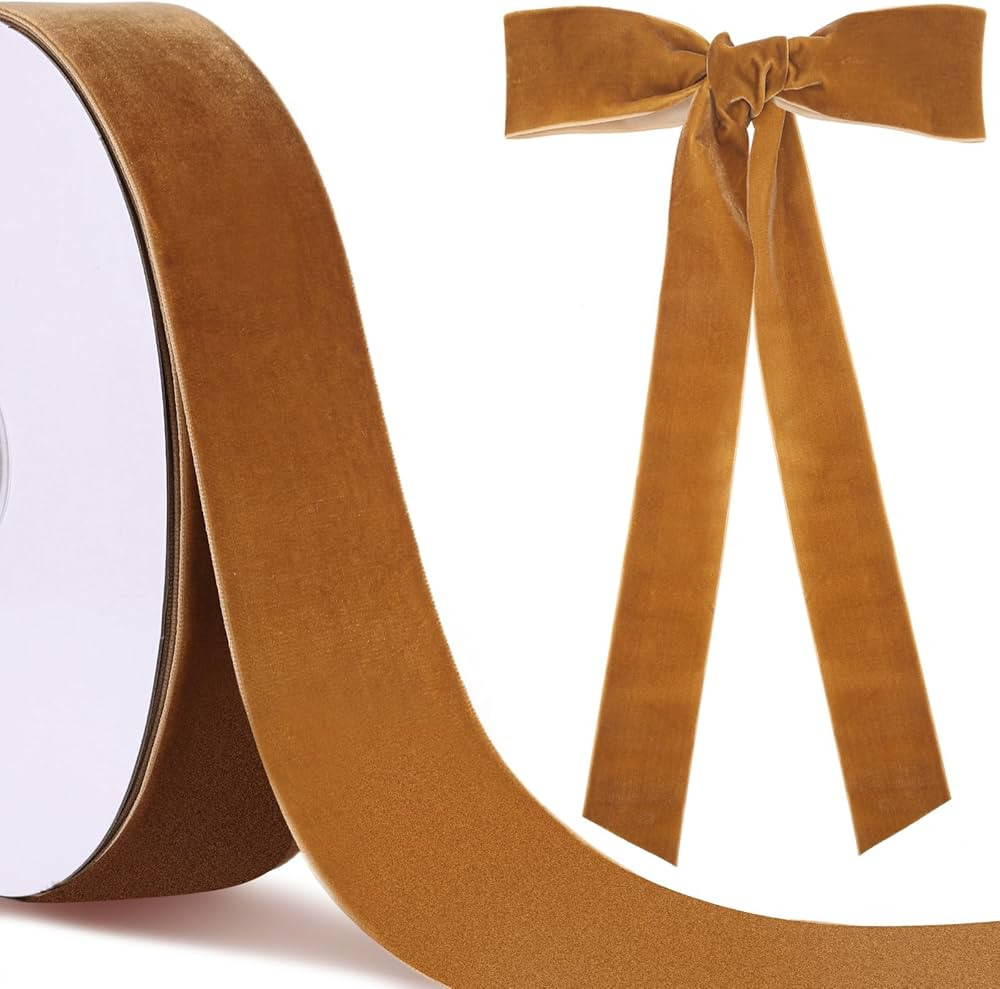 25 Yards Khaki Velvet Ribbon 2 Inch Vintage Fabric Christmas Ribbon Gift Wrapping for Christmas W... | Amazon (US)