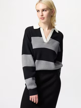 Women's Smooth Cotton Relaxed Polo Sweater Striped Black 2XL UNIQLO US | UNIQLO (US)