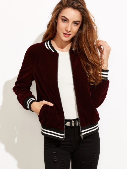 Burgundy Velvet Bomber Jacket With Striped Trim Detail | SHEIN