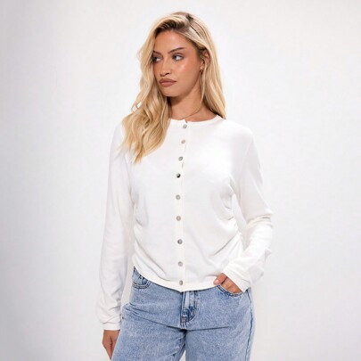 Ruched Crewneck Fitted Button Up Sweater Top | SHEIN