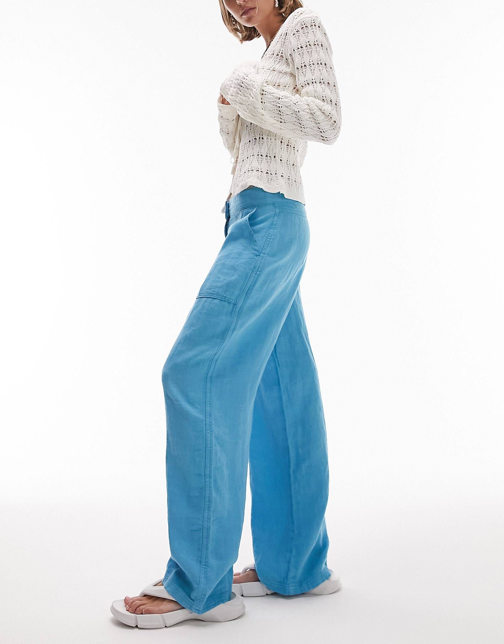 Topshop Petite linen low rise straight leg cargo pants in blue | ASOS (Global)