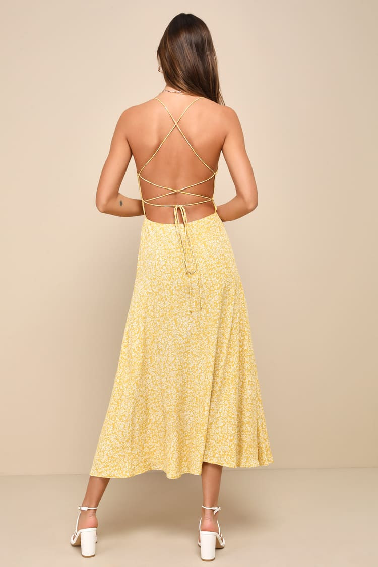 Charming Dedication Yellow Floral Sleeveless Lace-Up Midi Dress | Lulus