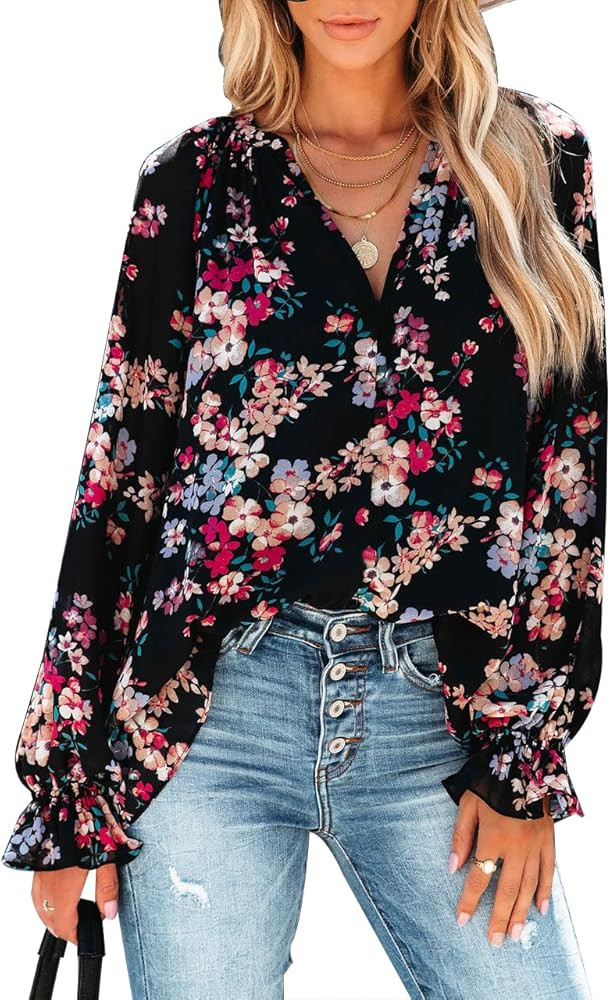 MLEBR Womens Blouses Fashion Long Sleeve V Neck Loose Casual Floral Leopard Printed Chiffon Blous... | Amazon (US)