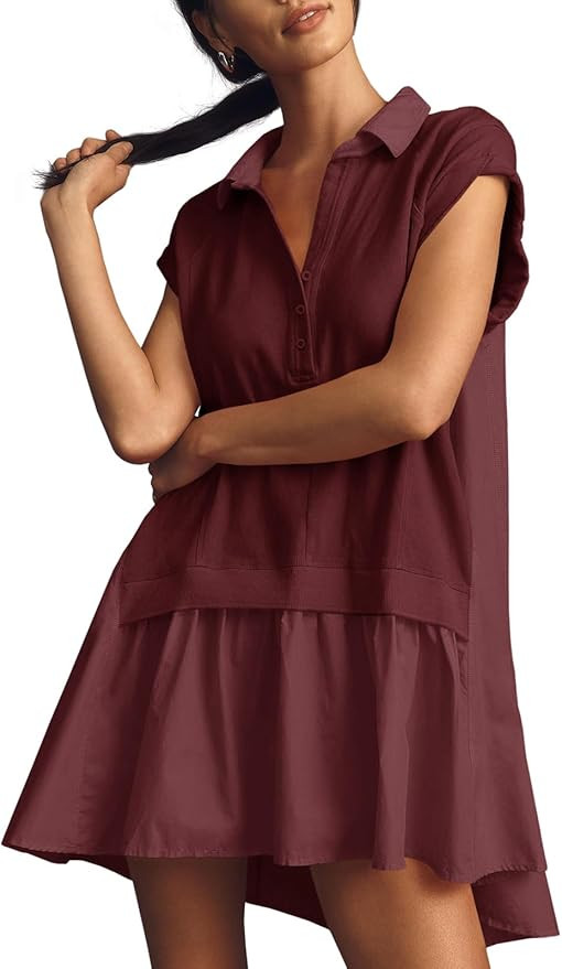 Fisoew Womens Summer Sweatshirt Dresses Short Sleeve V Neck Casual Oversized Patchwork Mini Dress | Amazon (US)