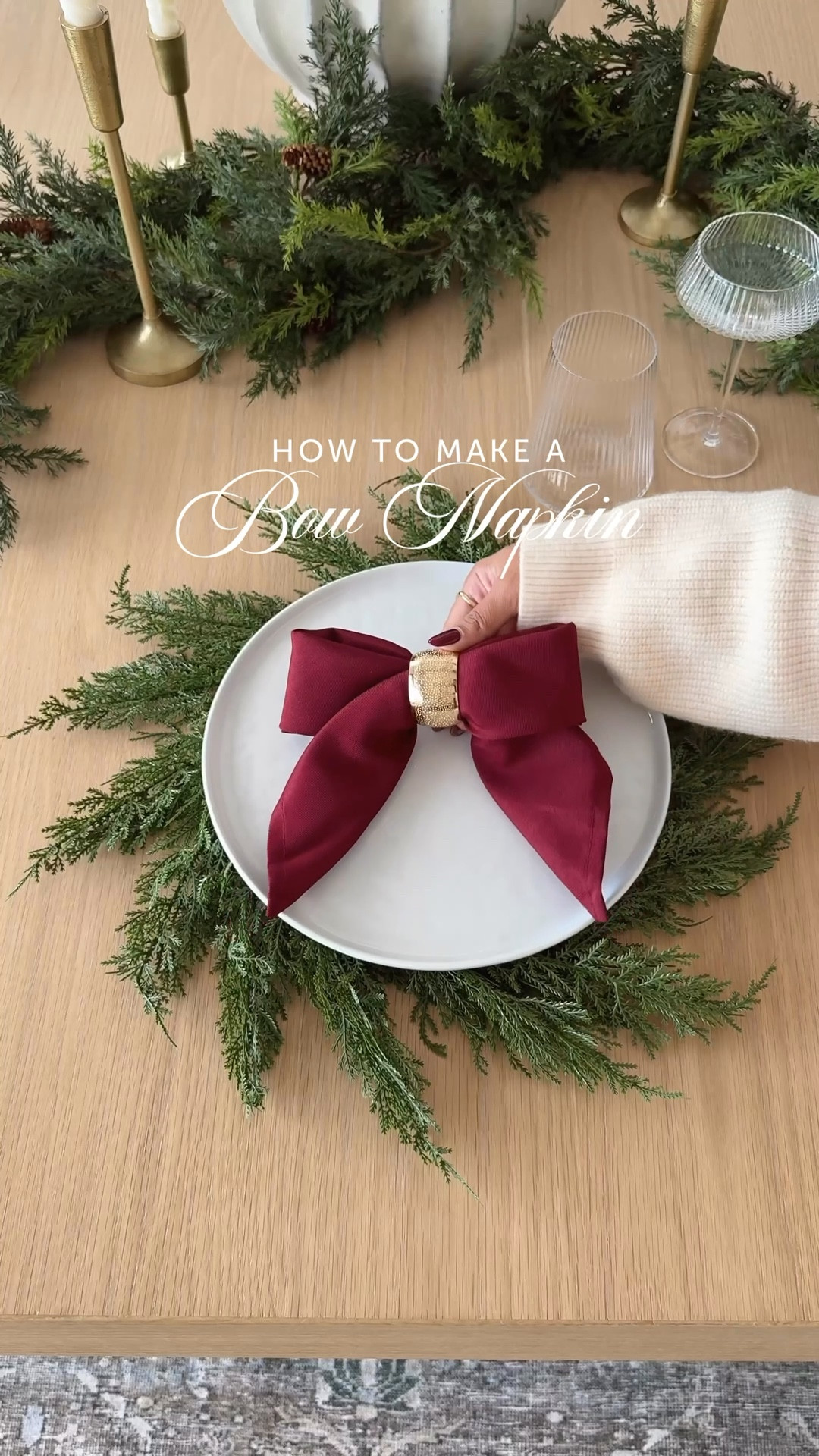 How to make a bow napkin for your holiday tablescape 🌲♥️

#bows #bownapkin #holidaytable #tablescape #christmas #christmastable #hostess #home #christmasdecor

#LTKHome #LTKHoliday #LTKSeasonal