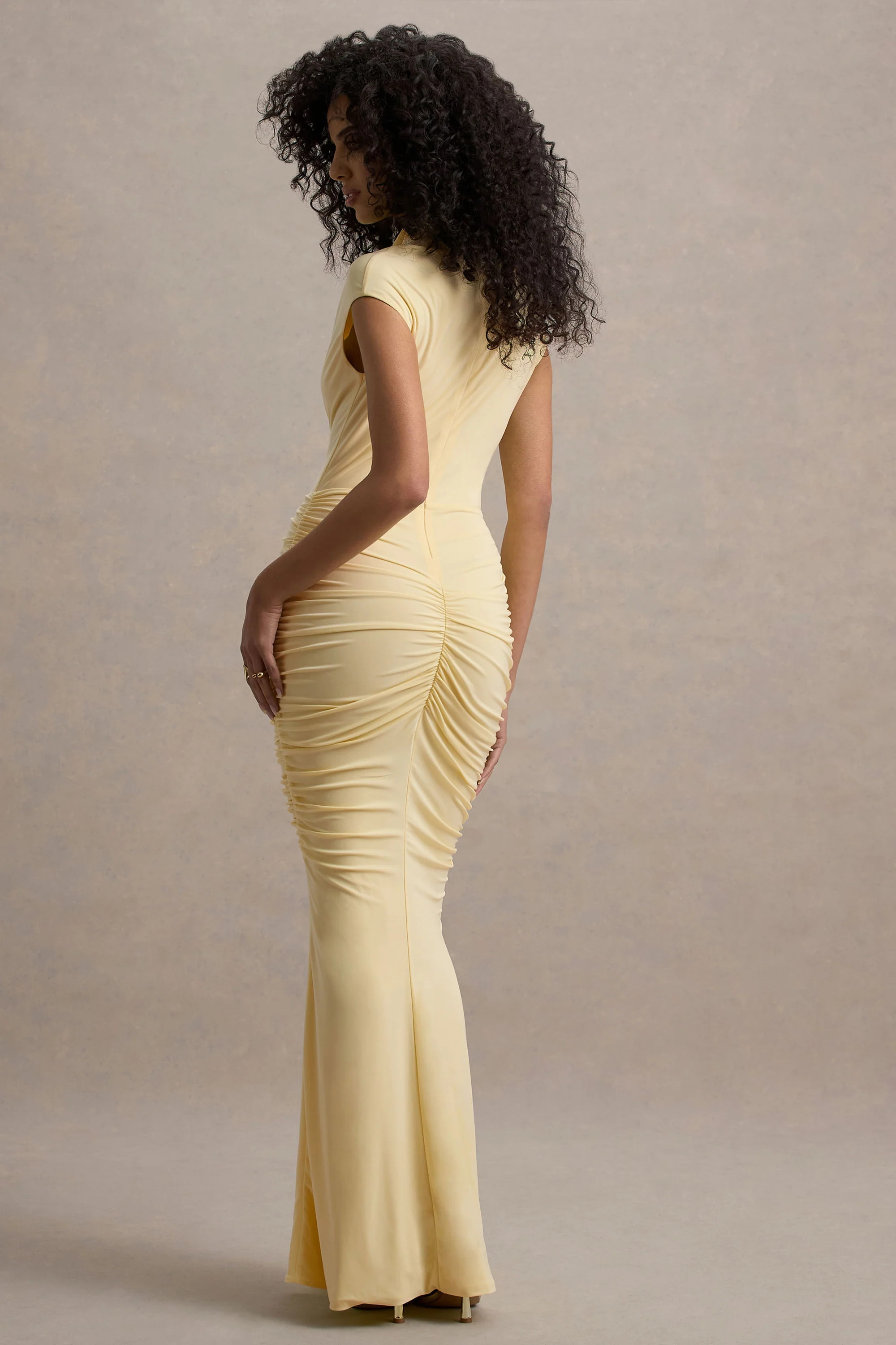 Lorenza | Pale Lemon High-Neck Ruched Maxi Dress With Draped Skirt | Club L London