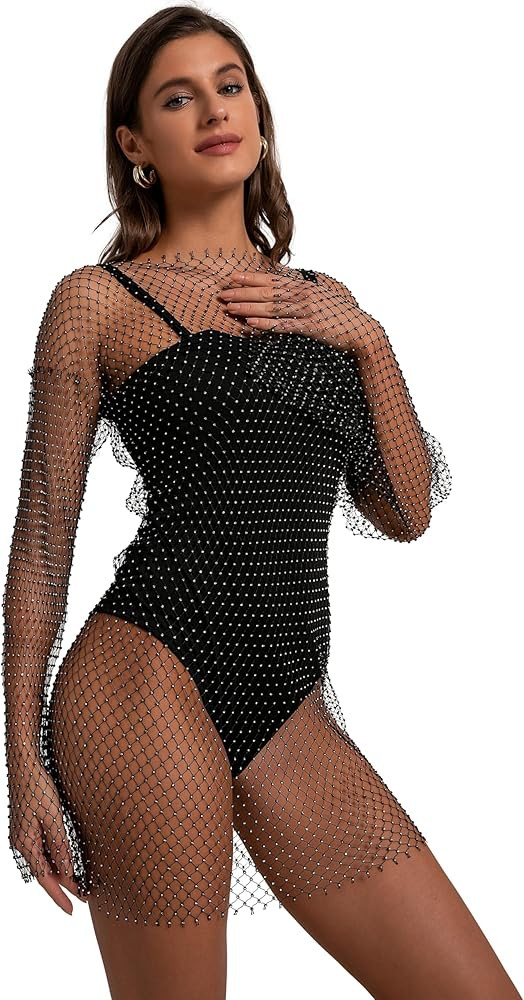 Women Sexy Sheer Mesh Rhinestone Crop Top - Mesh Body Chains See Through Cover up Sparkly Glitter... | Amazon (US)