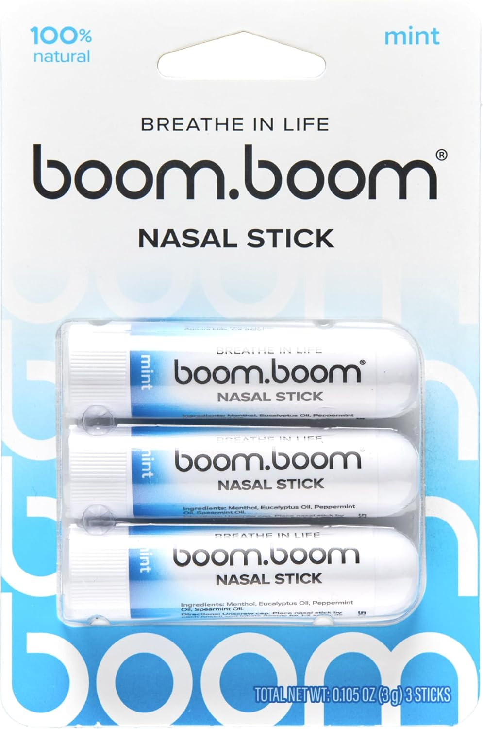 BoomBoom Nasal Stick, Essential Oils + Menthol Inhaler, Mint, 3 Pack | Amazon (US)