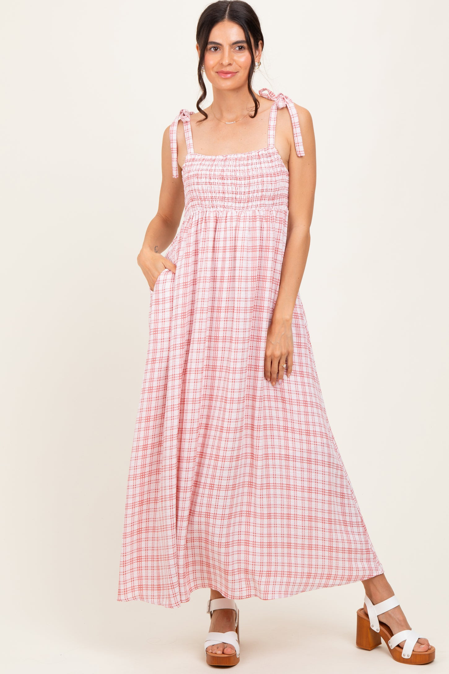 Pink Plaid Smocked Shoulder Tie Maxi Dress | PinkBlush Maternity
