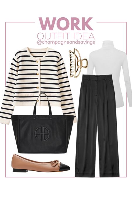 Work wear but make it trendy! This business casual outfit idea is the perfect office outfit if you want to look chic but also comfortable! Love these work pants that could be worn anywhere really and the cute striped cardigan serving old money style. Paired with a black anine bing tote bag as a trendy work bag and the perfect occasion to embrace the return of the ballet flat!  

#LTKworkwear #LTKfindsunder100 #LTKstyletip