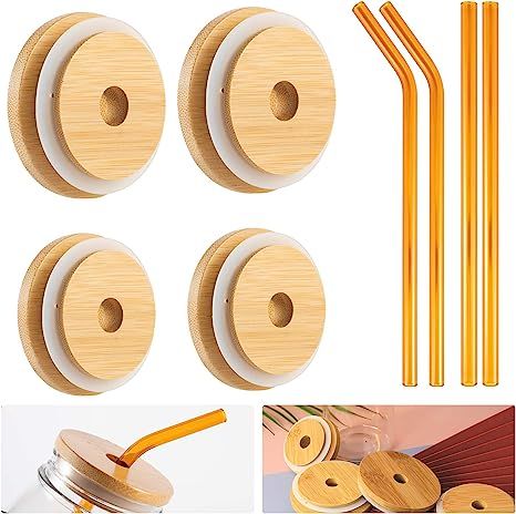 Set of 8 Bamboo Mason Jar Lids and Glass Straws- 2.7" and 3.4" Reusable Mason Cup Tops with Straw... | Amazon (US)