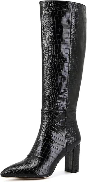 QXYRAUF Knee High Boots Women's Faux Crocodile long boots high heel boots GoGo Tall Boots Block H... | Amazon (US)