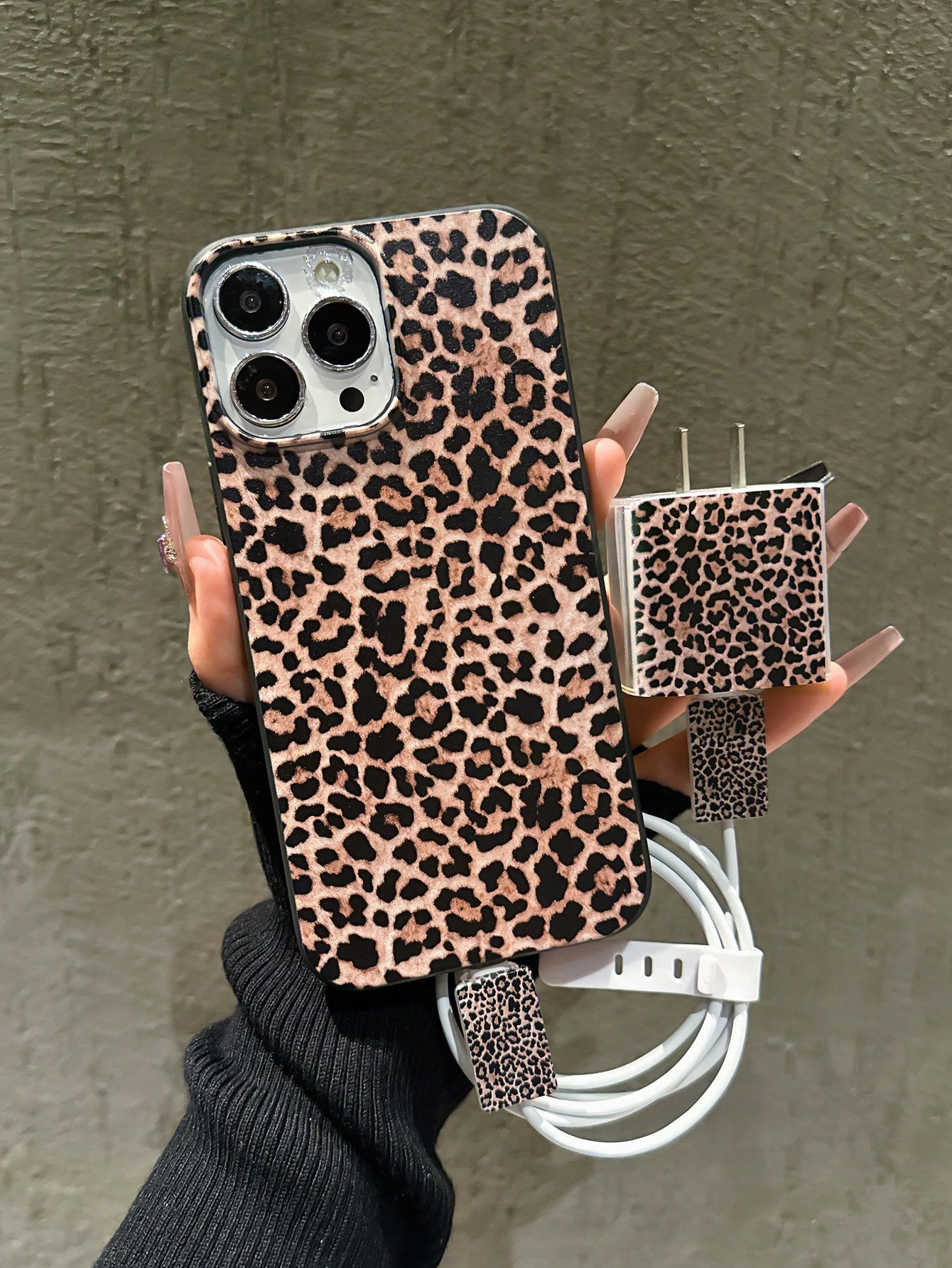 Animal 5pcs Set Sexy Leopard Matte Shockproof Phone Case With Charging Cable & Holder Compatible ... | SHEIN