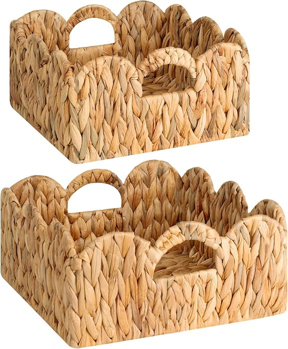 StorageWorks Scalloped Wicker Basket, Hand-woven Rattan Baskets with Built-in Handles, Water Hyac... | Amazon (US)