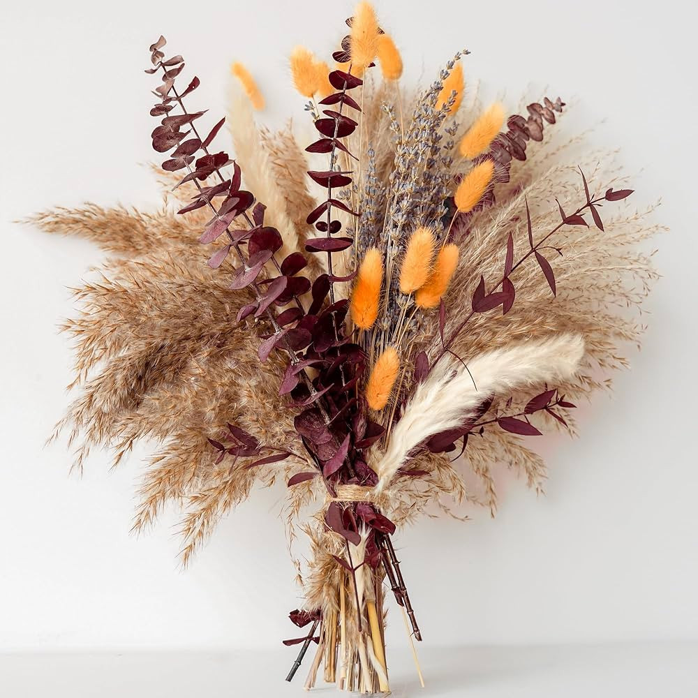 Fall Dried Flower Bouquet with Pampas Grass, Orange Bunny Tails, Lavender & Red Eucalyptus –Boh... | Amazon (US)