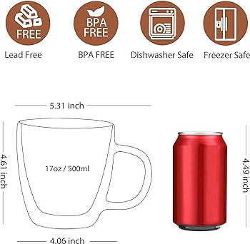 CNGLASS Large Glass Coffee Mugs 17oz,Double Walled Insulated Clear Coffee Cups with Handle,Clear ... | Amazon (US)