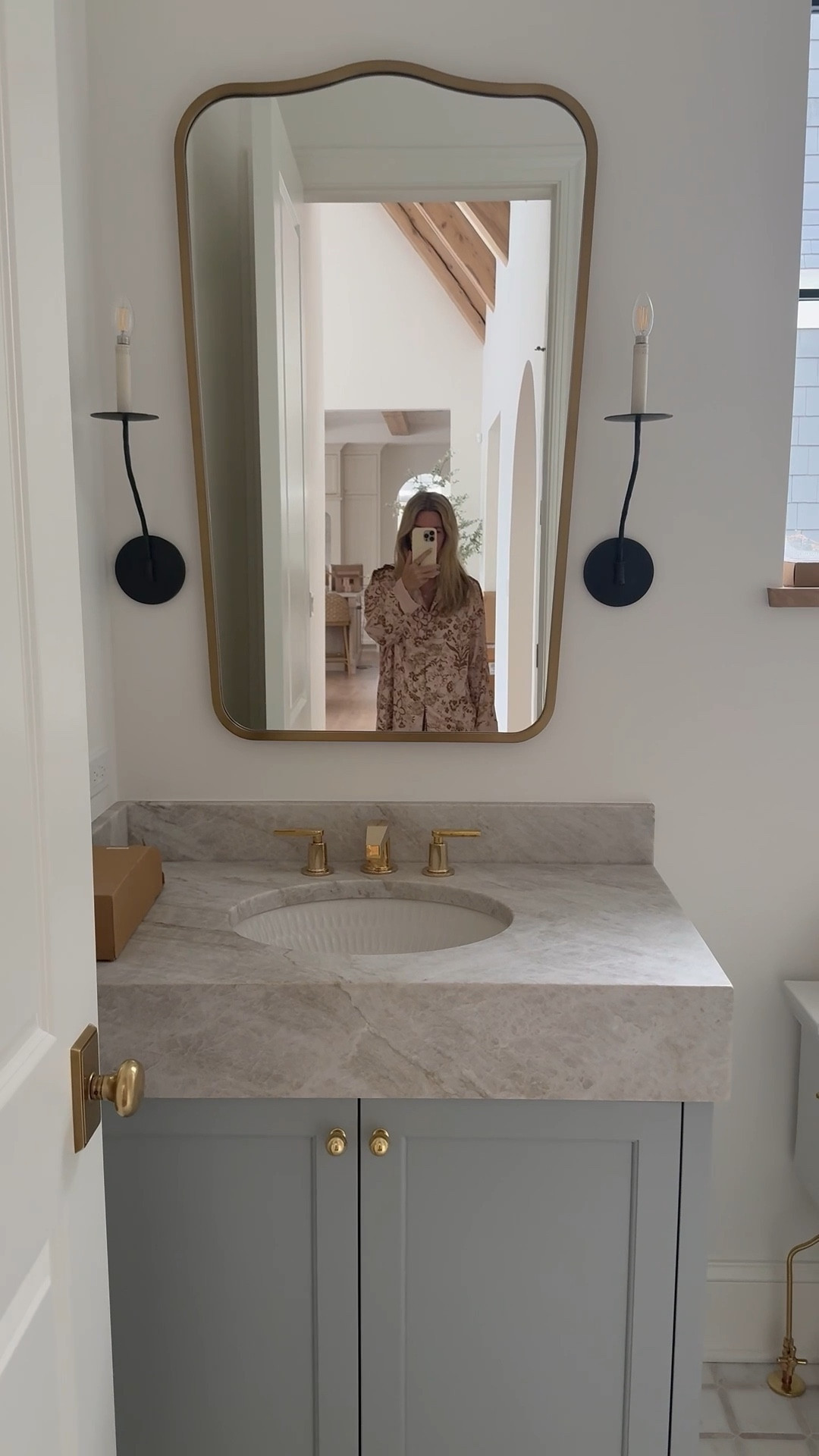 Guest bathroom sources include these pretty wall sconces, brass vanity mirror, and gorgeous sink on sale now!

#LTKHome