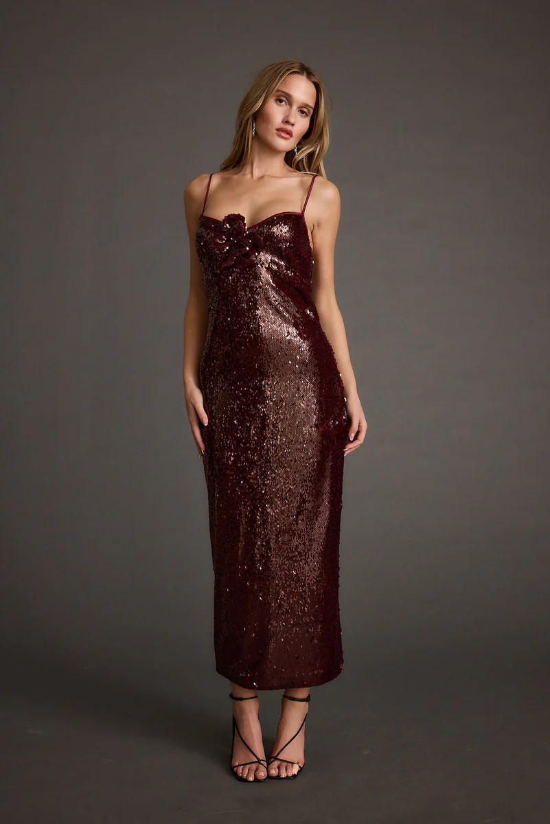 All For You Merlot Sequin Rosette Midi Dress | 12th Tribe
