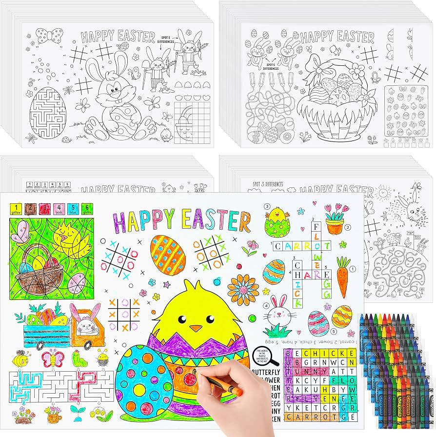 durony 72 Packs Happy Easter Place Mats for Kids with 72 Crayons 11”x 17" Disposable Easter Col... | Amazon (US)