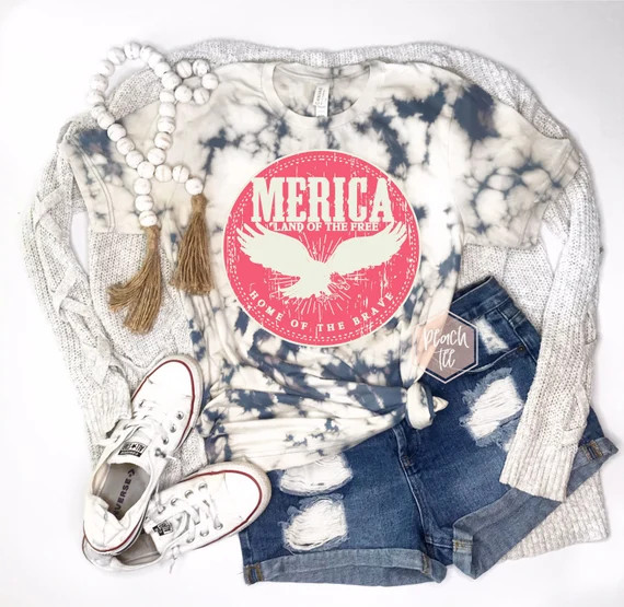 Distressed Merica Graphic Tee, Bleach Tie Dye T-Shirt, Patriotic Bleached Distressed Tee, Merica ... | Etsy (US)